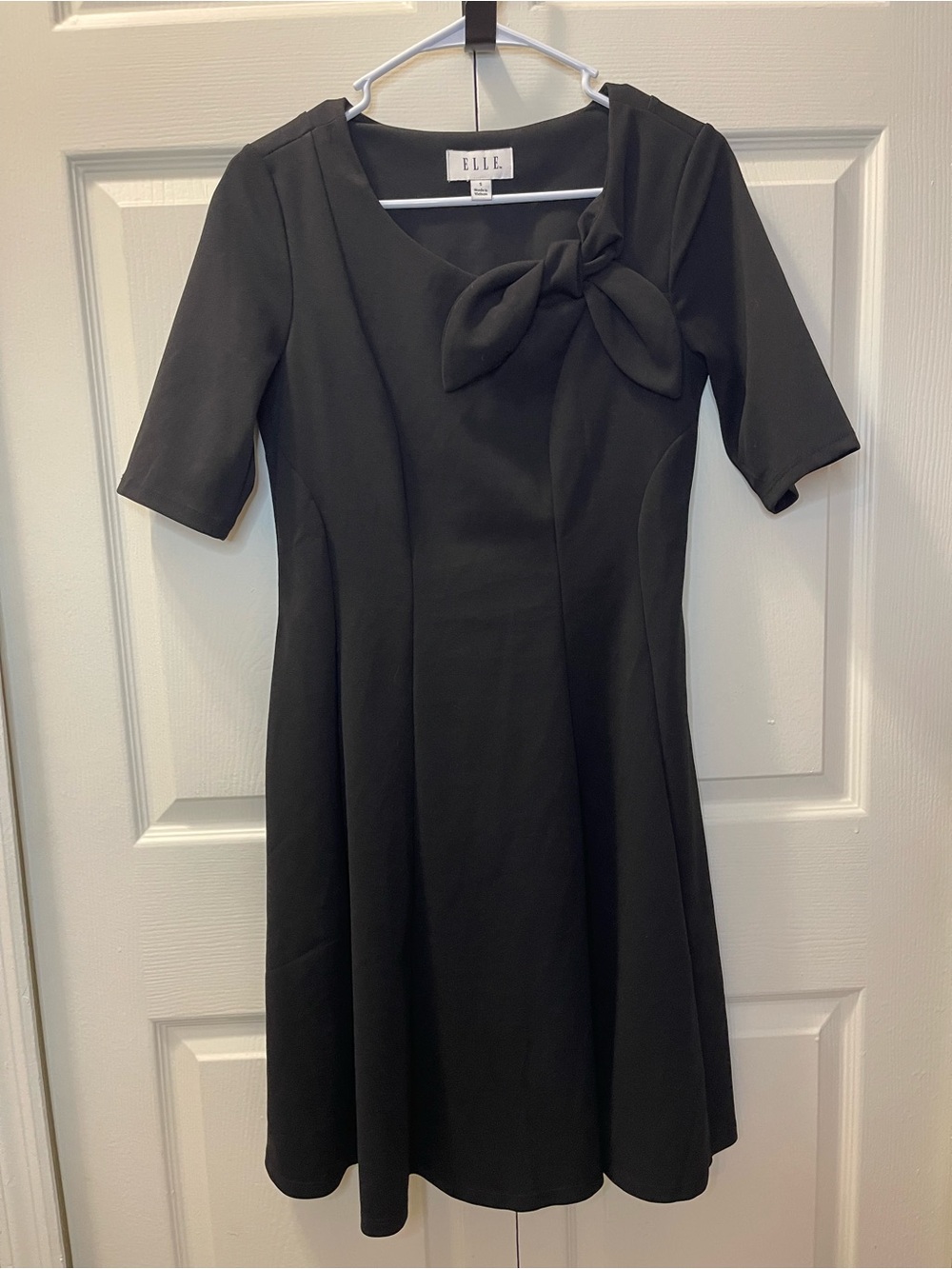ELLE Black Fit and Flare Timeless Midi Dress with Neck Bow